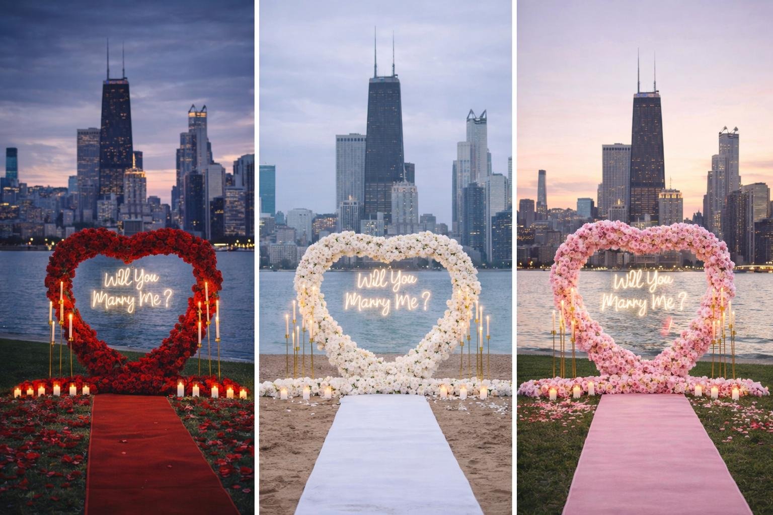 Chicago skyline proposal setup with romantic lighting and floral decor