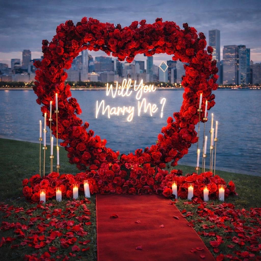 Heart Proposal Silver package floral setup with candles